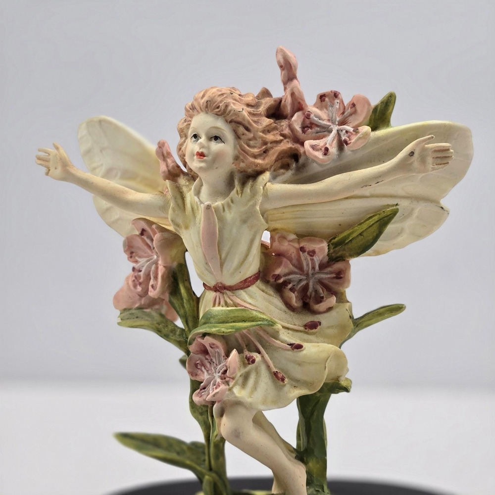 Vintage Fairy Music Box Flower Figurine Wooden Base Cottagecore Decor